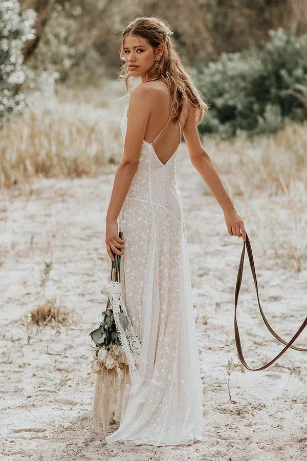 Buyishang Lace Spaghetti V-neck Sheath Wedding Gown With Straps And Open Back