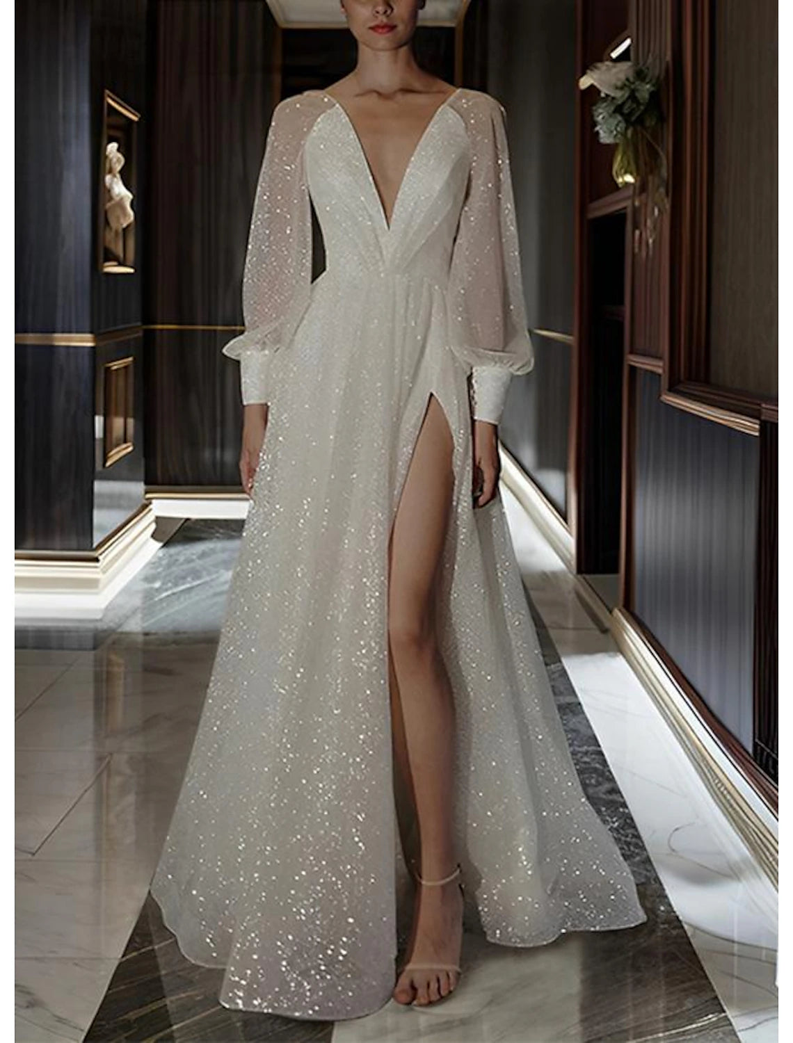 Buyishang Beach Wedding Dresses A-Line V Neck Long Sleeve Floor Length Sequined Bridal Gowns With Solid Color