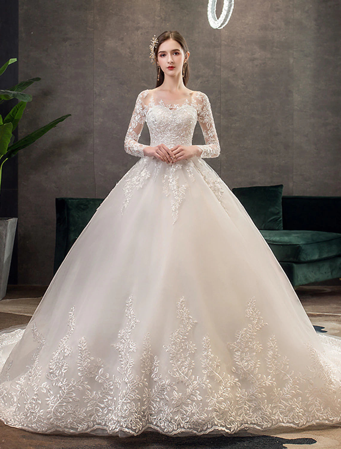Buyishang Engagement Formal Wedding Dresses Ball Gown Illusion Neck Long Sleeve Cathedral Train Lace Bridal Gowns With Pleats Appliques Fall Wedding