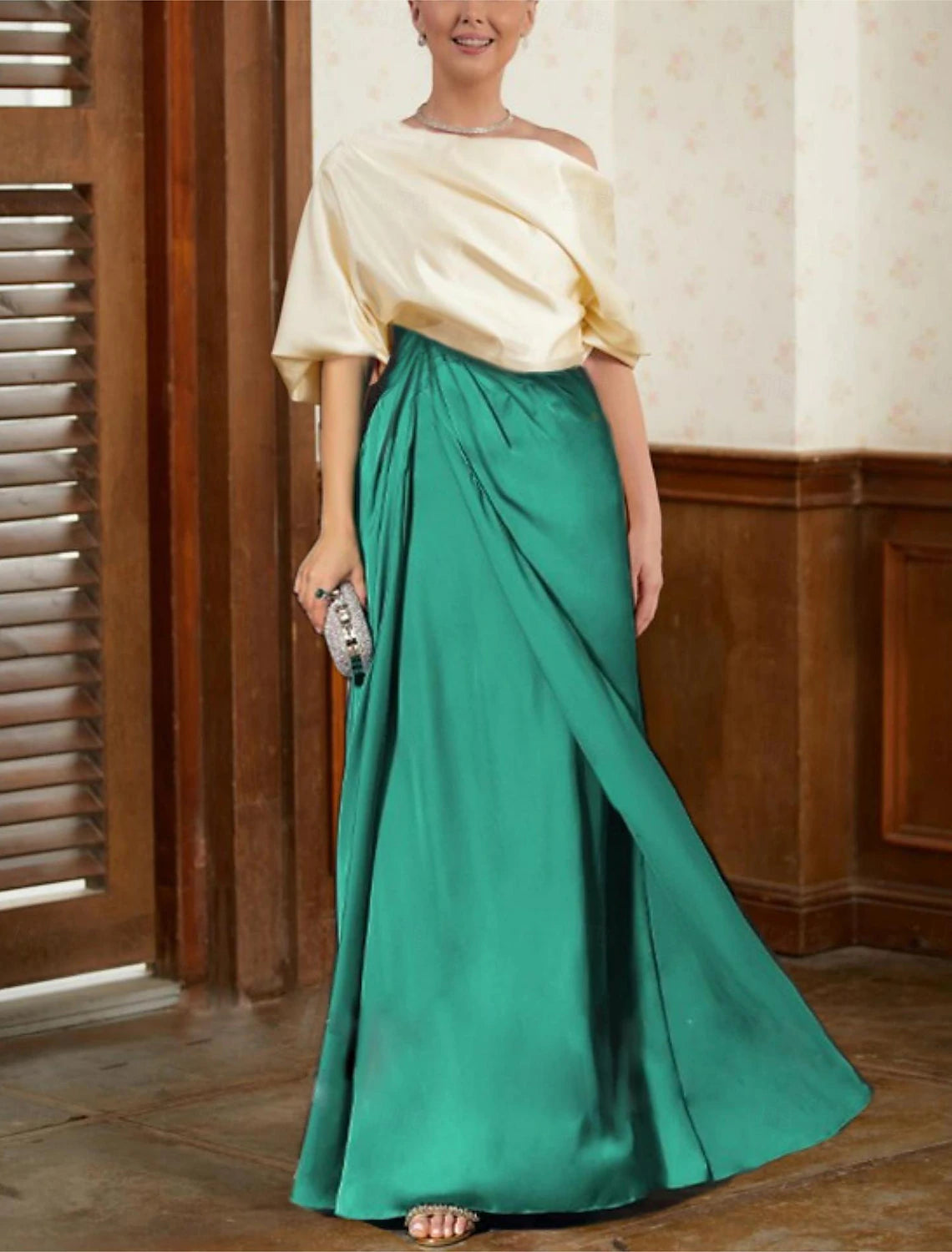 Buyishang Two Piece A-Line Mermaid / Trumpet Mother of the Bride Dress Elegant Vintage Floor Length Satin Half Sleeve with Ruched Draping Tier Christmas Dress free custom size