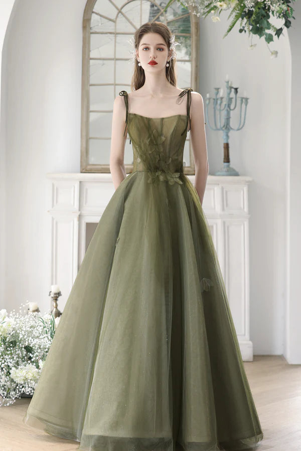 Green Spaghetti Strap Tulle Long Prom Dress Cute A-Line Evening Dress Party Dress