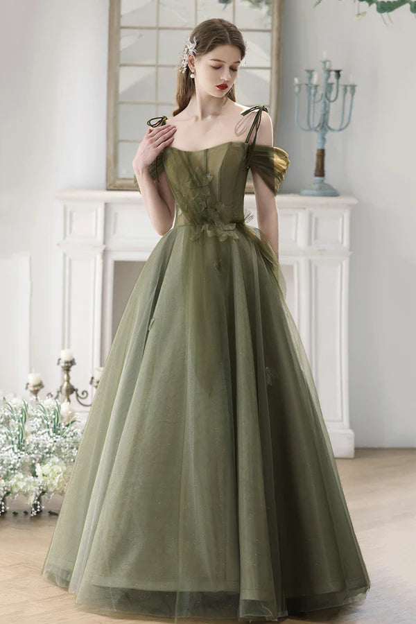 Green Spaghetti Strap Tulle Long Prom Dress Cute A-Line Evening Dress Party Dress