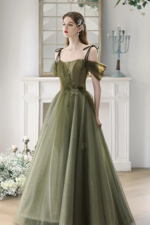 Green Spaghetti Strap Tulle Long Prom Dress Cute A-Line Evening Dress Party Dress
