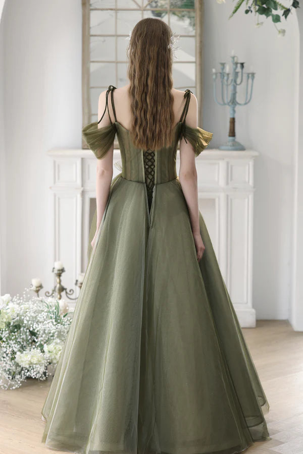 Green Spaghetti Strap Tulle Long Prom Dress Cute A-Line Evening Dress Party Dress