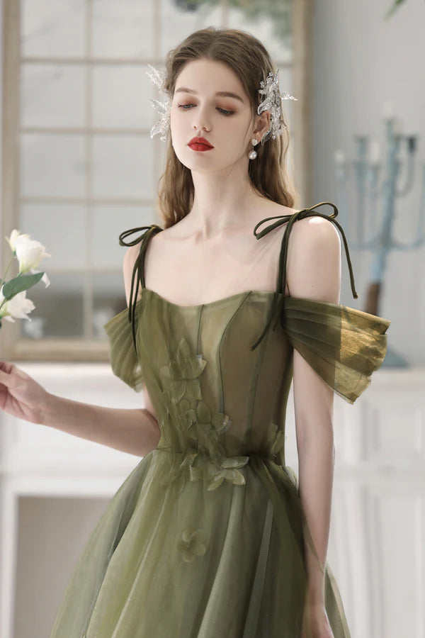 Green Spaghetti Strap Tulle Long Prom Dress Cute A-Line Evening Dress Party Dress