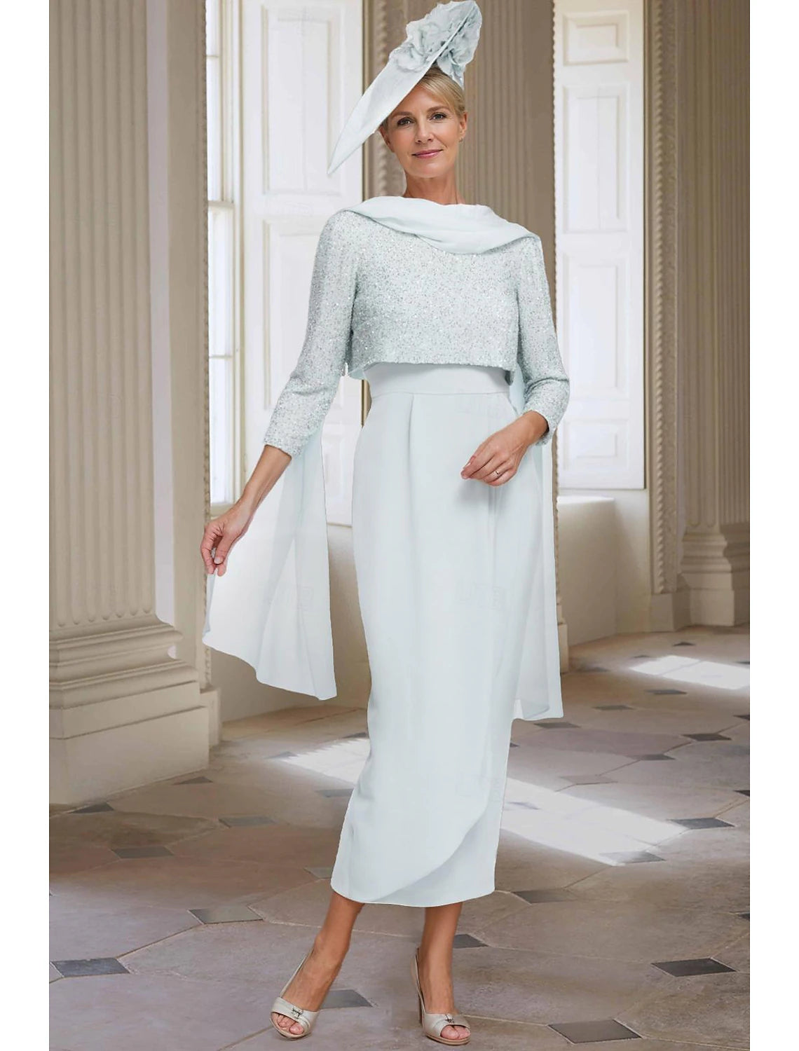 Buyishang Two Piece Sheath / Column Mother of the Bride Dress Elegant Jewel Neck Tea Length Chiffon 3/4 Length Sleeve with Solid Color free custom size