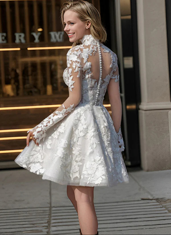 Buyishang Short White A-Line Illusion Neck Long Sleeves Lace Wedding Dresses