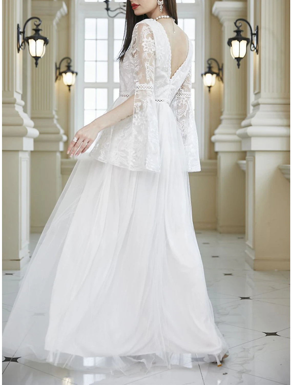 Women's Prom Dress Party Dress Lace Dress Long Dress Maxi Dress White Long Sleeve Pure Color Lace Summer Spring Fall V Neck Party Evening Party Wedding Guest Summer Dress