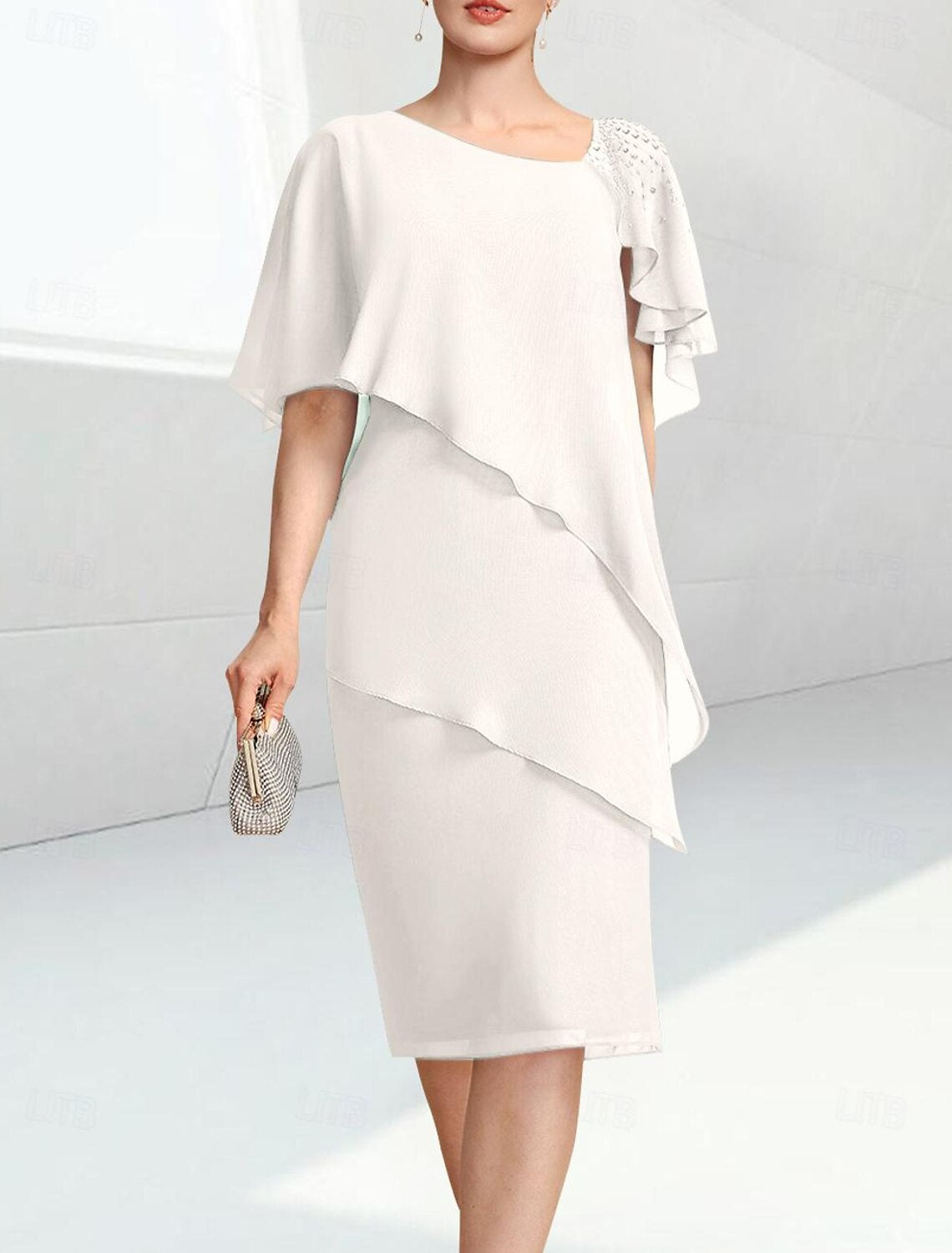 Buyishang Sheath / Column Mother of the Bride Dress Elegant Jewel Neck Knee Length Chiffon Half Sleeve with Beading free custom size