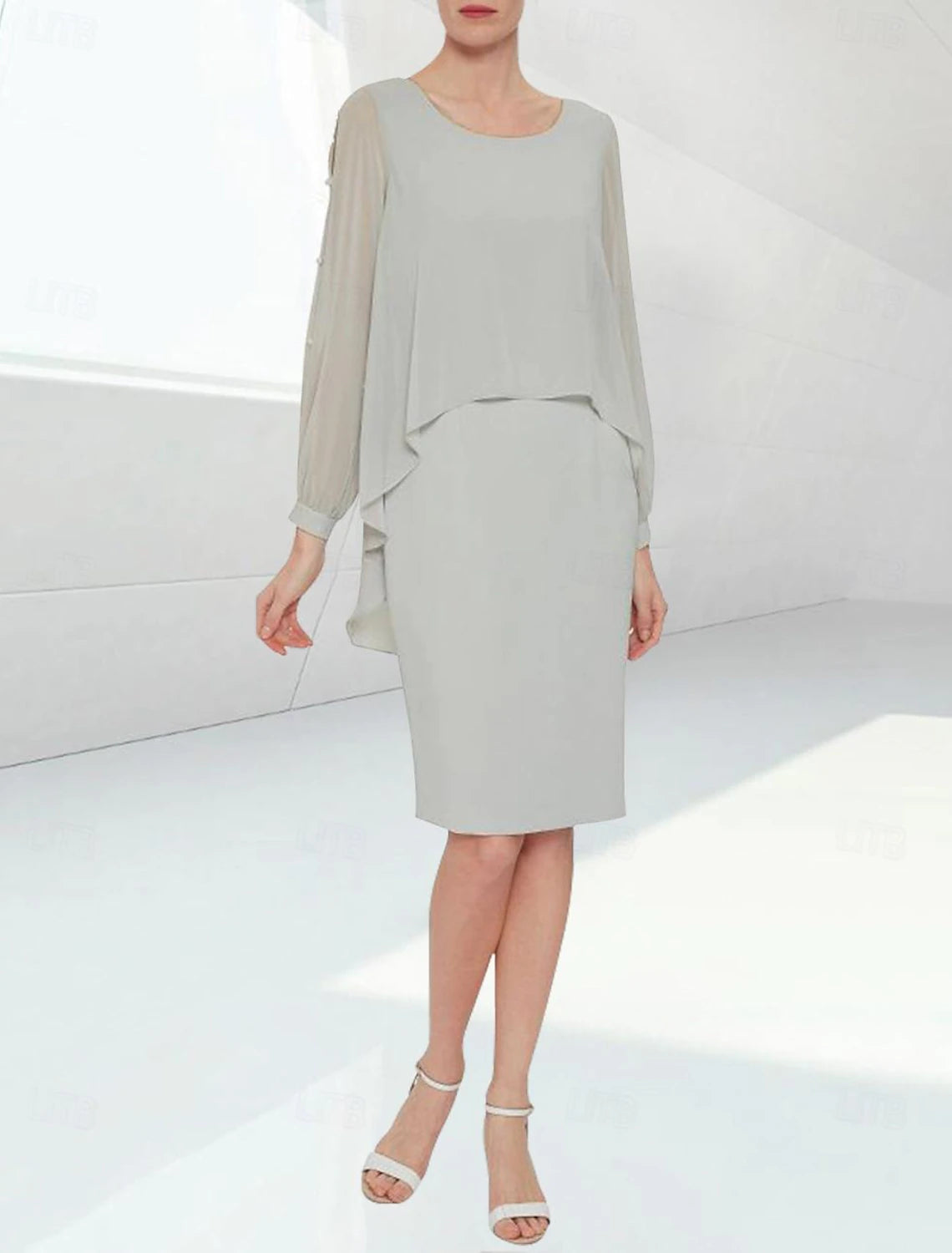 Buyishang Sheath / Column Mother of the Bride Dress Wedding Guest Elegant Jewel Neck Knee Length Chiffon Half Sleeve with Beading free custom size