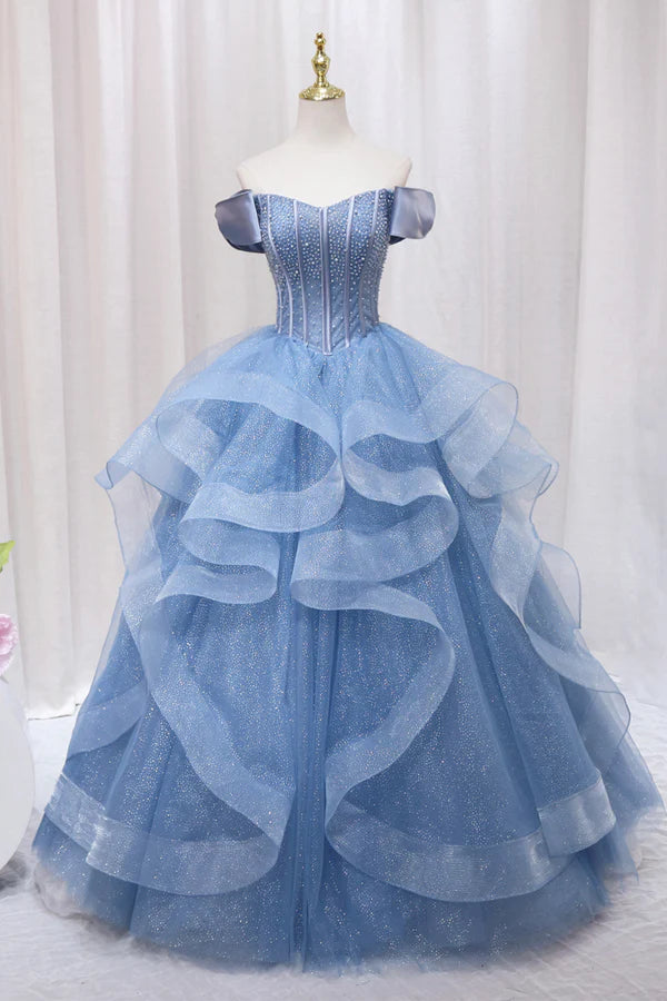 Blue Tulle Layers Long Prom Gown A-Line Blue Evening Dress