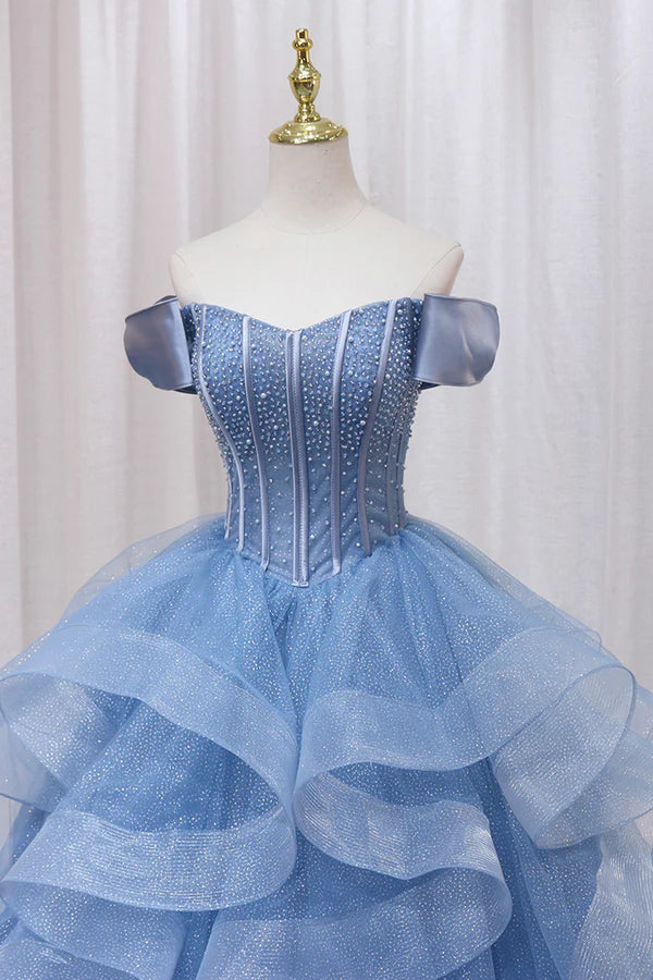 Blue Tulle Layers Long Prom Gown A-Line Blue Evening Dress