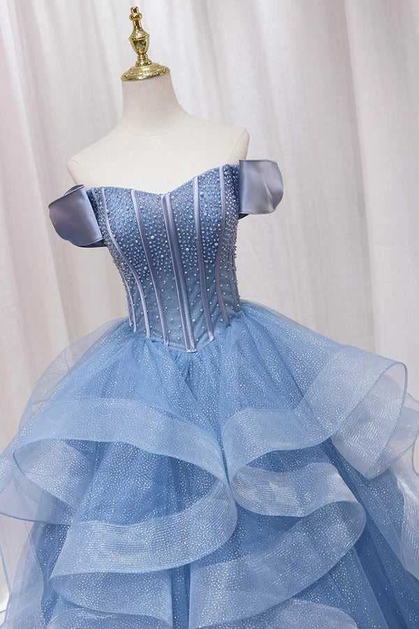 Blue Tulle Layers Long Prom Gown A-Line Blue Evening Dress