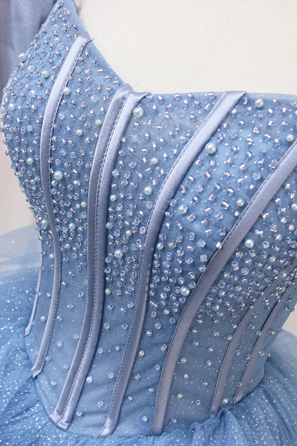 Blue Tulle Layers Long Prom Gown A-Line Blue Evening Dress