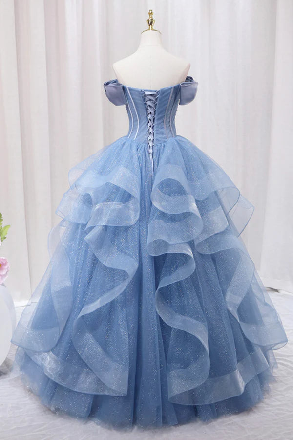 Blue Tulle Layers Long Prom Gown A-Line Blue Evening Dress
