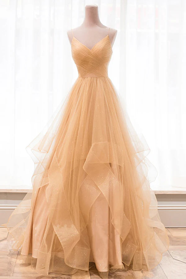 Gold V-Neck Tulle Long Prom Dress A-Line Evening Dress