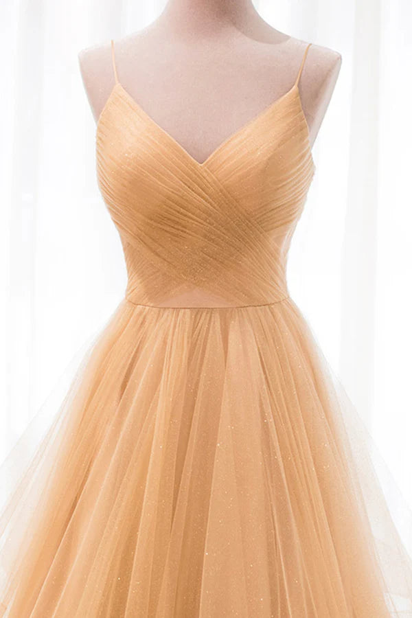 Gold V-Neck Tulle Long Prom Dress A-Line Evening Dress