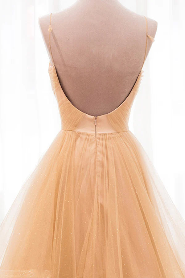 Gold V-Neck Tulle Long Prom Dress A-Line Evening Dress