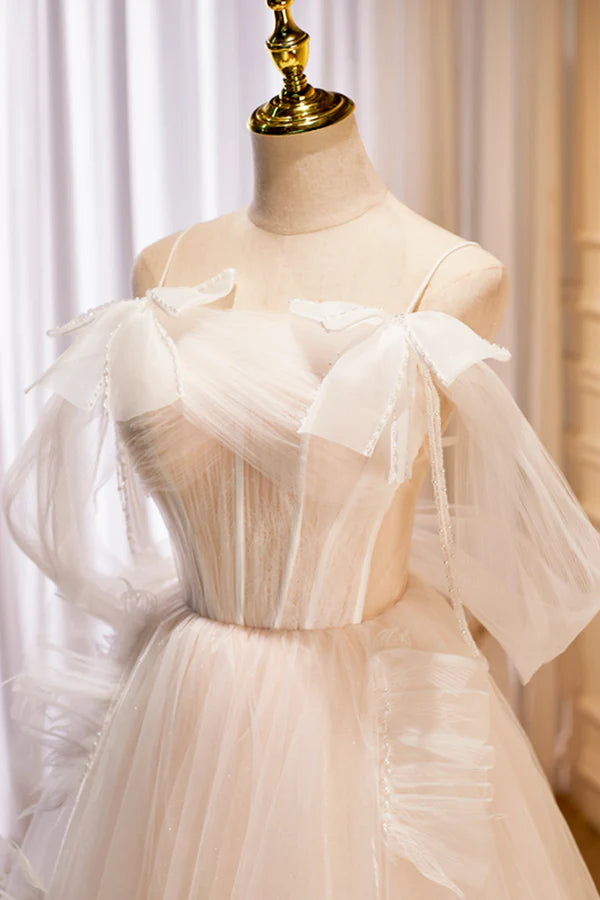 Champagne Tulle Long Prom Dress Spaghetti Strap Evening Dress with Bow