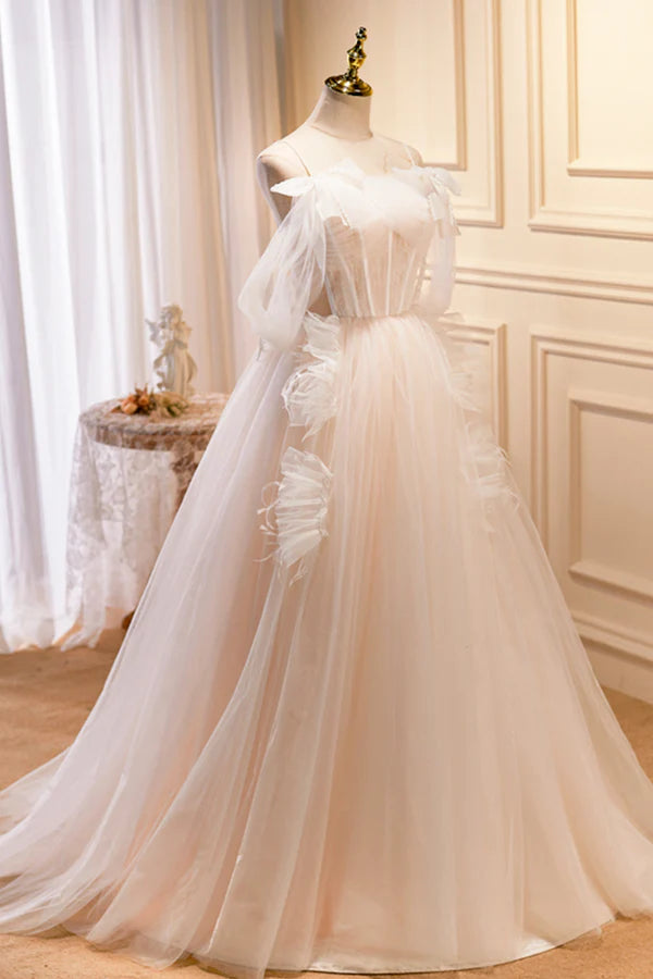 Champagne Tulle Long Prom Dress Spaghetti Strap Evening Dress with Bow