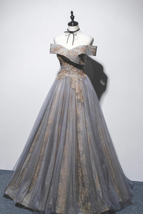 Gray Tulle Sequins Long Prom Dress Off Shoulder Evening Dress