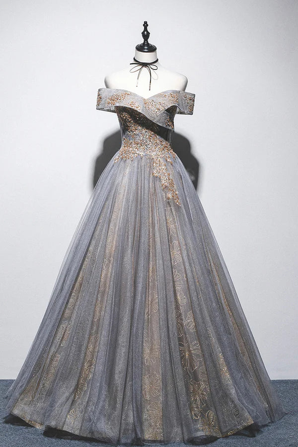Gray Tulle Sequins Long Prom Dress Off Shoulder Evening Dress