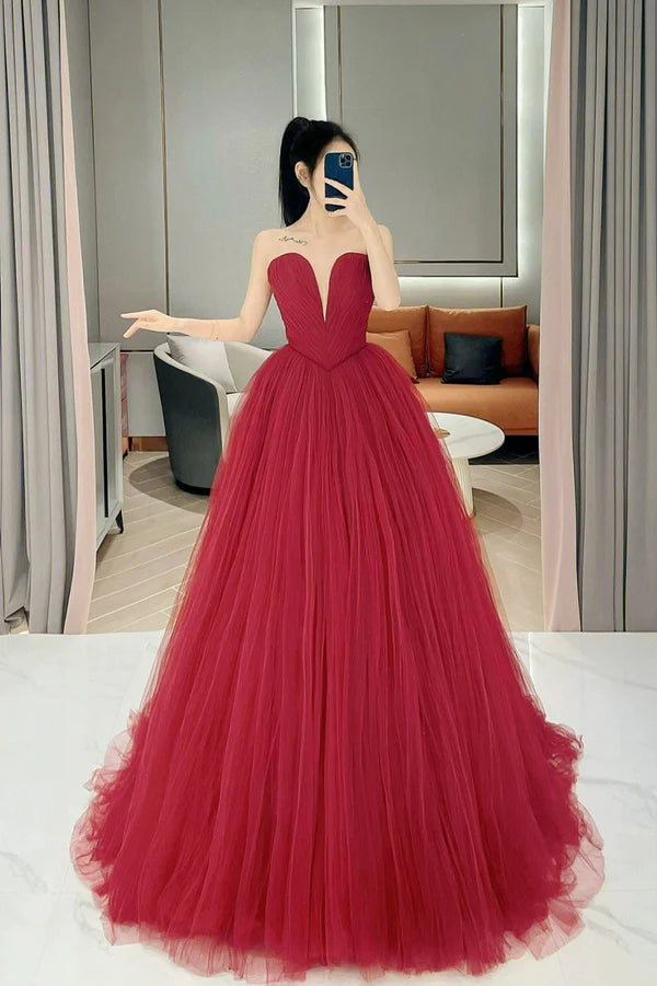 Strapless Red Tulle Prom Dress A-Line Long Formal Evening Dress
