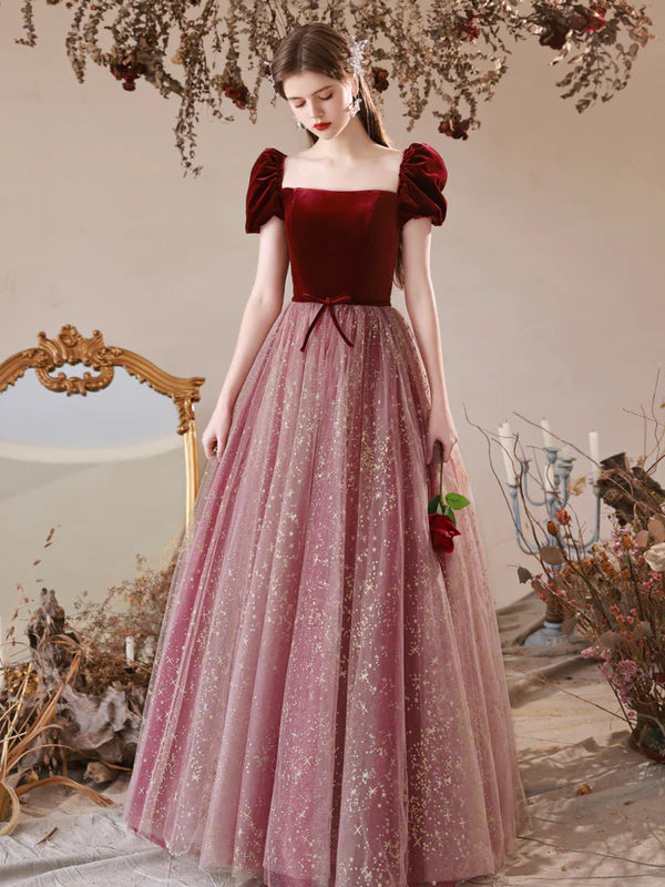 Cute Velvet Tulle Long Prom Dress A-Line Off the Shoulder Evening Dress