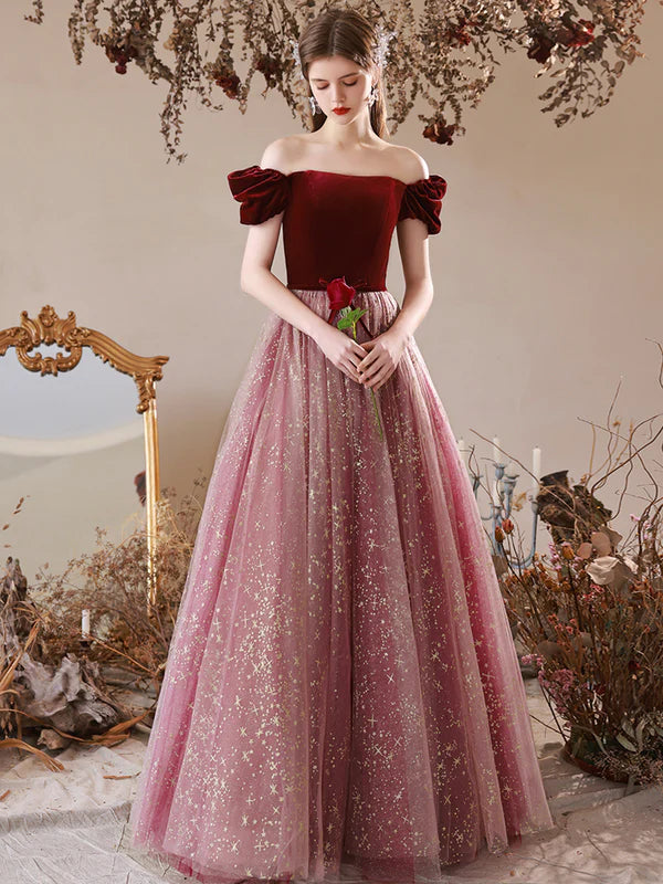 Cute Velvet Tulle Long Prom Dress A-Line Off the Shoulder Evening Dress