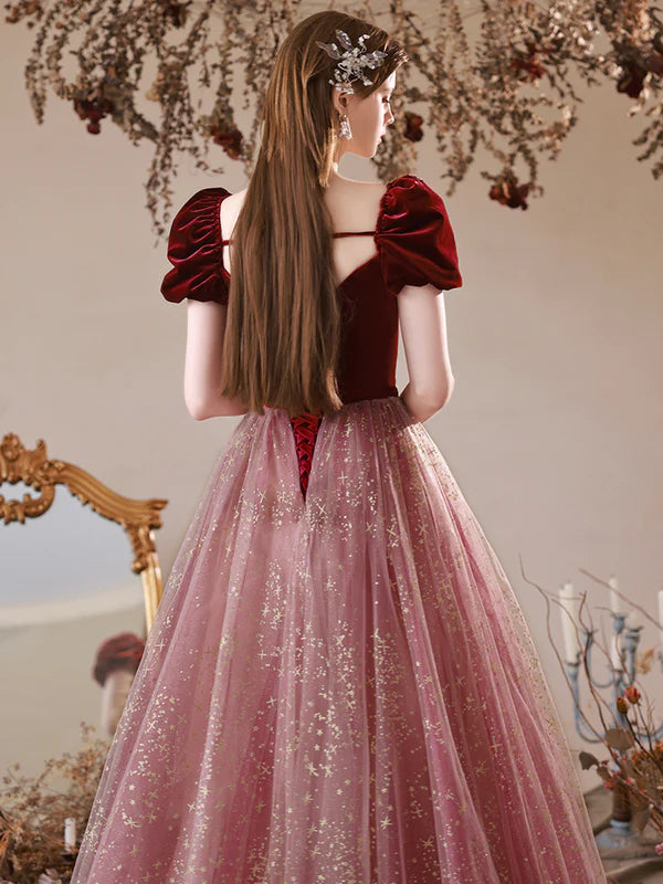 Cute Velvet Tulle Long Prom Dress A-Line Off the Shoulder Evening Dress