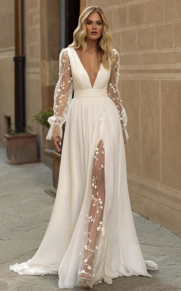 Buyishang Long Sleeve Boho Flowy Wedding Dress Lace A-Line V-Neck Beach Gown with Split Front and Sweep Train