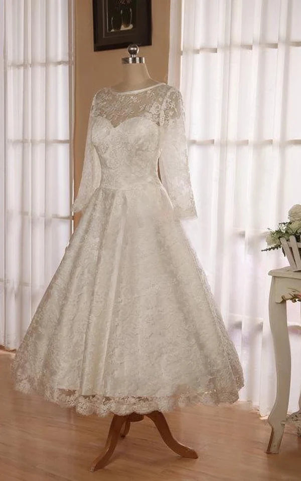 Buyishang Low V Back Tea Length Lace Wedding Dress