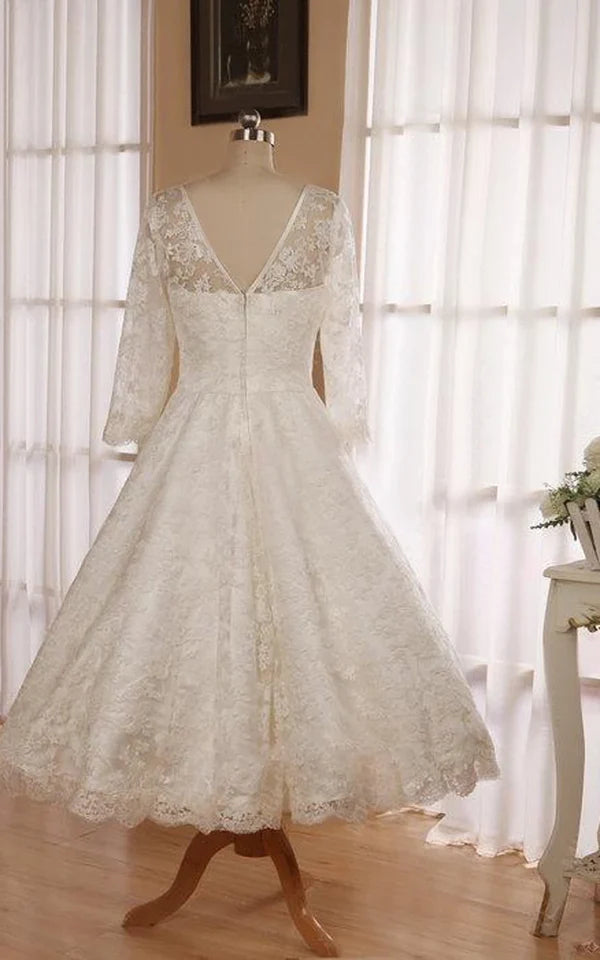 Buyishang Low V Back Tea Length Lace Wedding Dress
