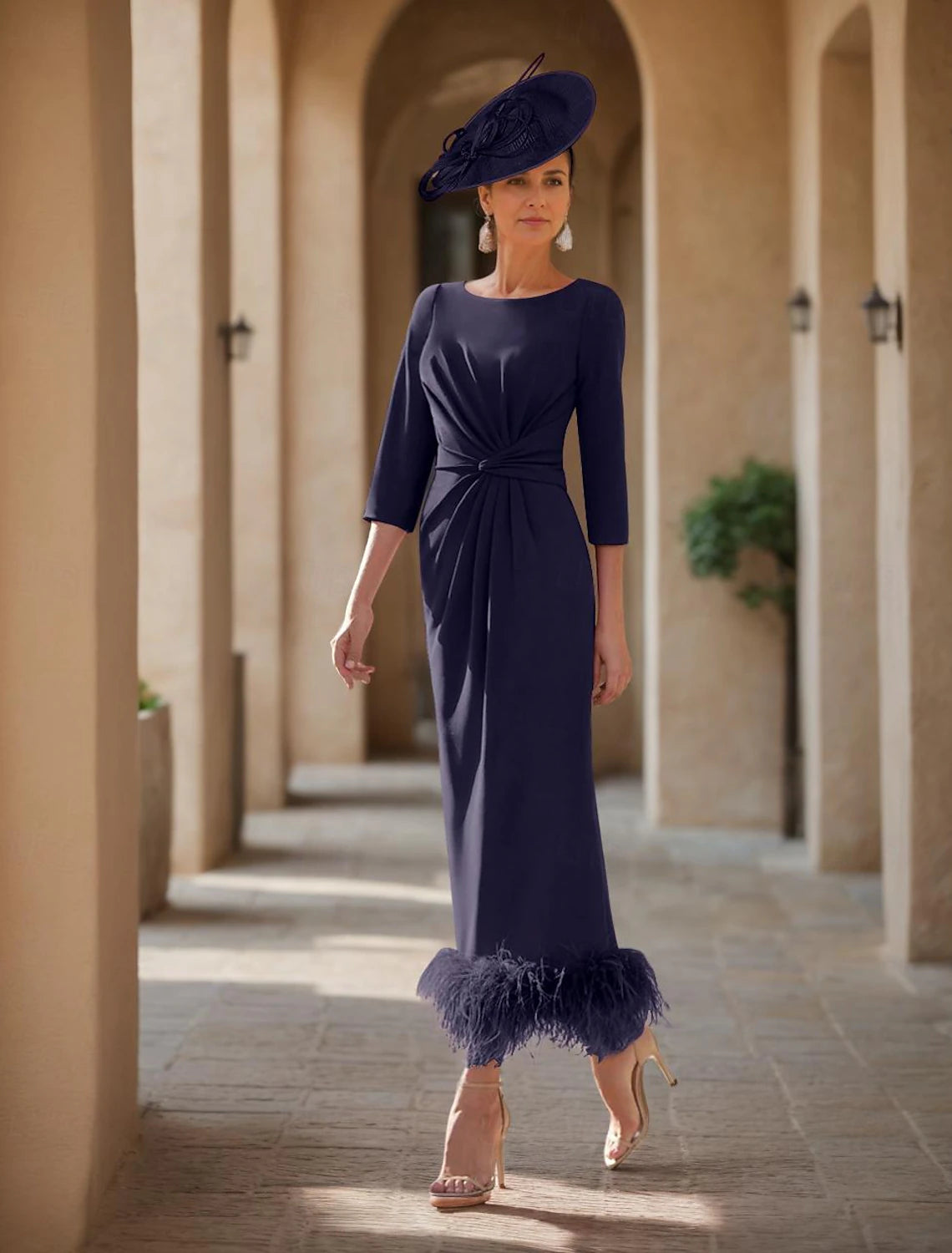 Buyishang Sheath / Column Mother of the Bride Dress Wedding Guest Elegant Jewel Neck Ankle Length Stretch Fabric Half Sleeve with Feather stretch dress free custom size