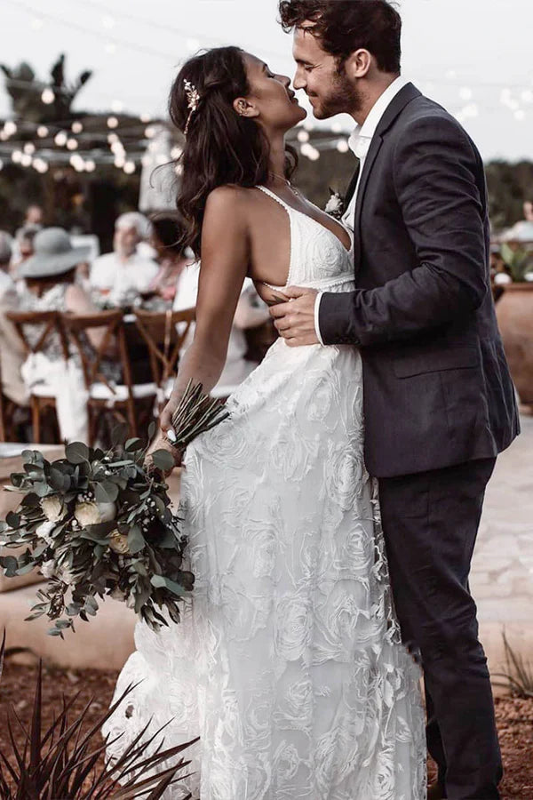 Buyishang Luxury Lace Chic Halter A-Line Bohemian Wedding Dress with Slit Bridal Gowns