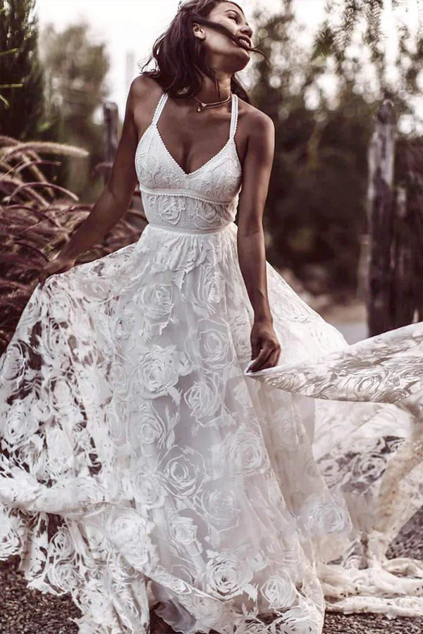Buyishang Luxury Lace Chic Halter A-Line Bohemian Wedding Dress with Slit Bridal Gowns