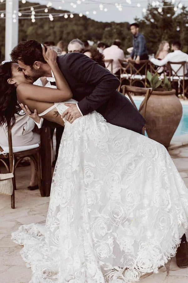 Buyishang Luxury Lace Chic Halter A-Line Bohemian Wedding Dress with Slit Bridal Gowns