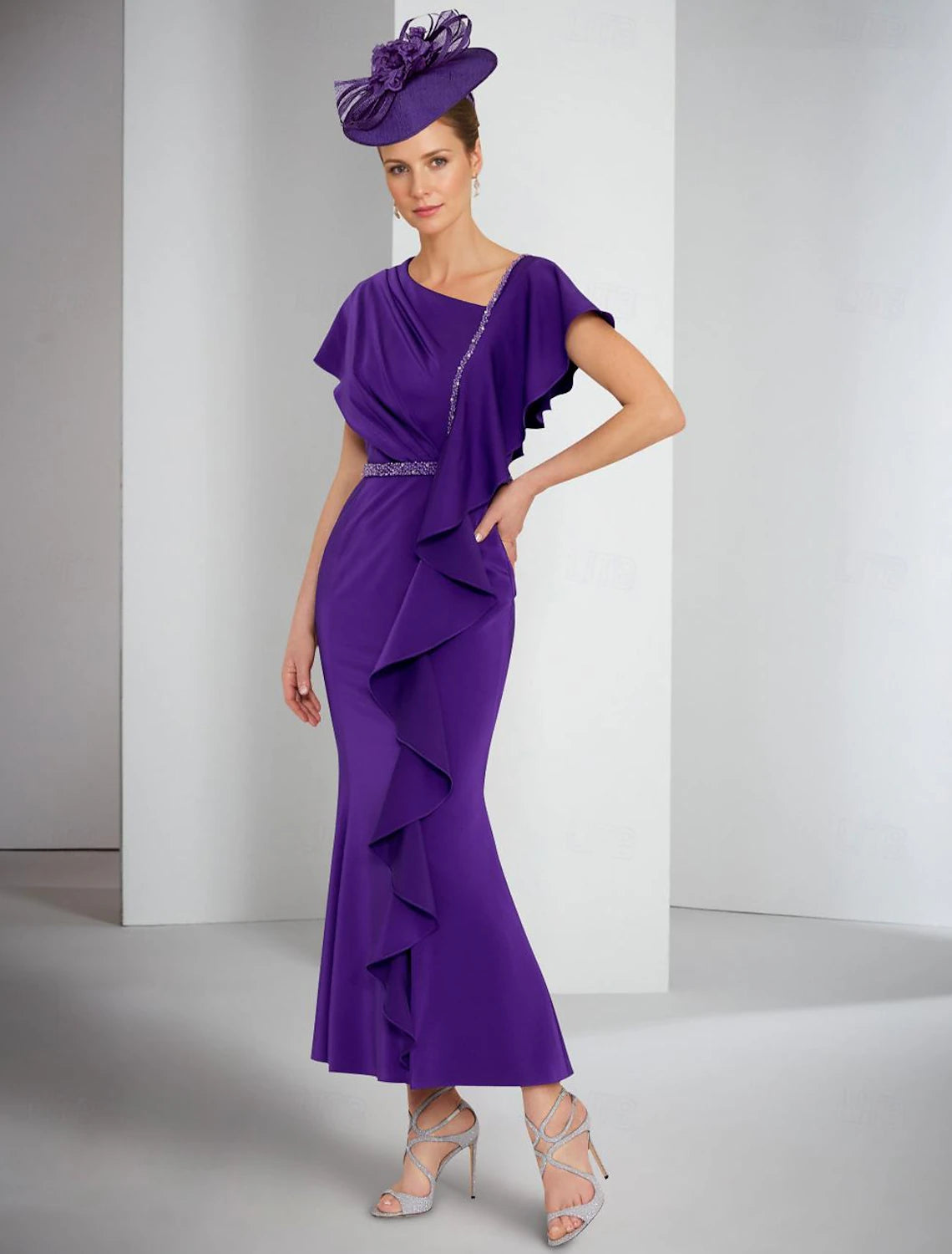 Buyishang Sheath / Column Mother of the Bride Dress Formal Elegant One Shoulder Ankle Length Stretch Fabric Short Sleeve with Pleats free custom size