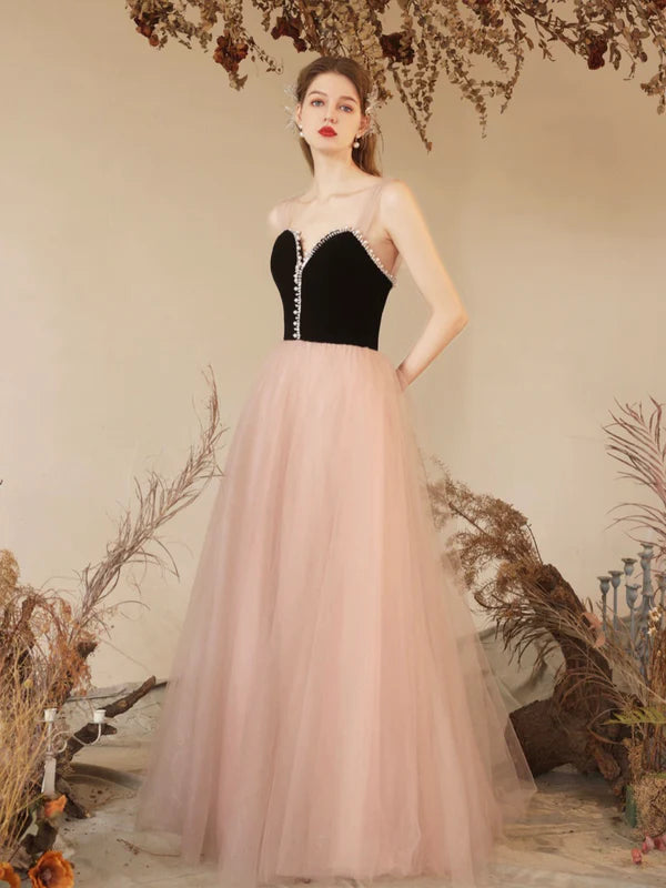 Black Velvet and Pink Tulle Long Prom Dress Beautiful Sweetheart Neck Evening Dress