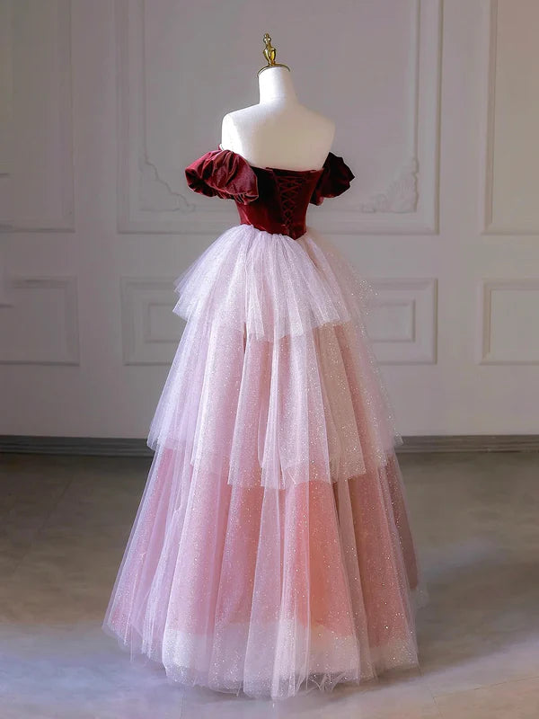 Burgundy Velvet and Pink Tulle Long Prom Dress Off the Shoulder A-Line Evening Party Dress