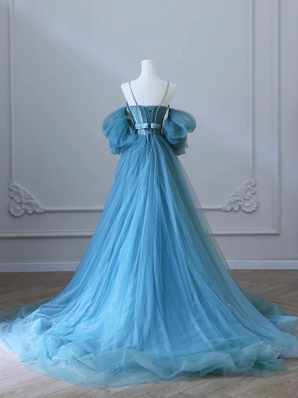 Blue Tulle Long Spaghetti Strap Prom Dress and Corset Detachable off Shoulder Party Dress