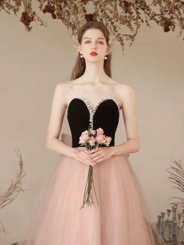 Black Velvet and Pink Tulle Long Prom Dress Beautiful Sweetheart Neck Evening Dress