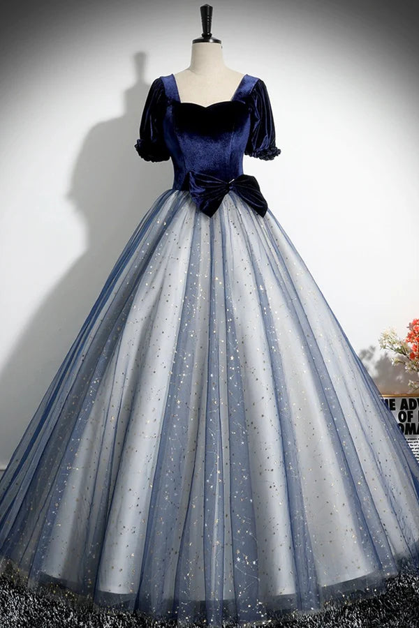 Blue Velvet Tulle Long Prom Dress A-Line Short Sleeve Evening Party Dress