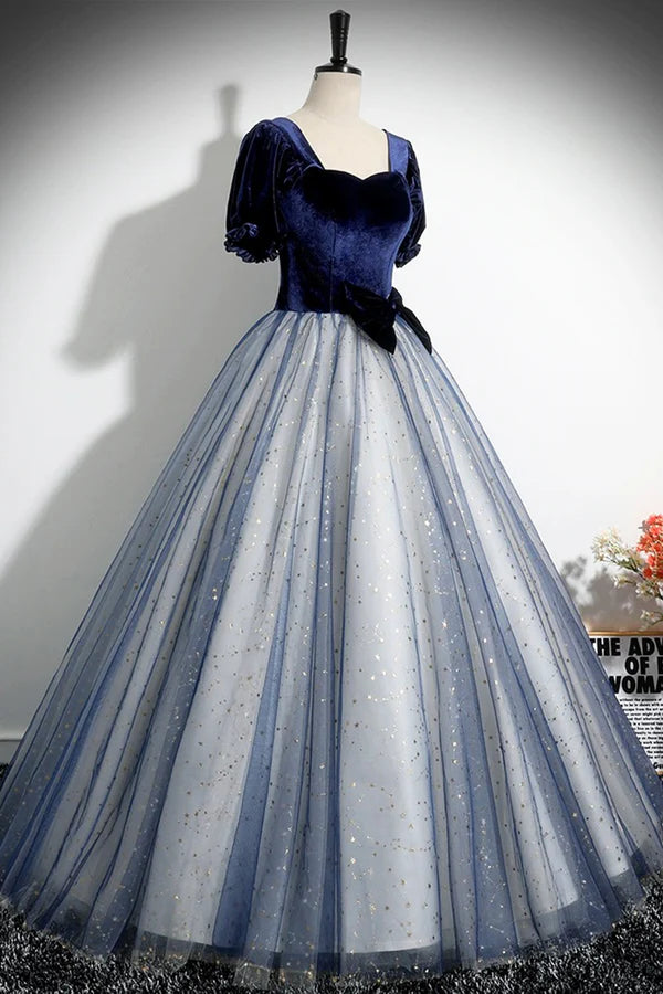 Blue Velvet Tulle Long Prom Dress A-Line Short Sleeve Evening Party Dress