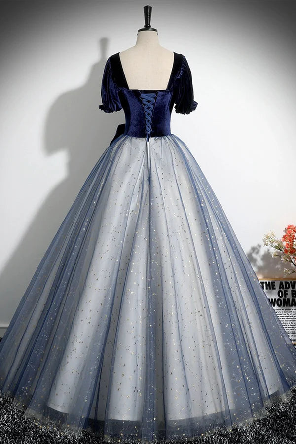 Blue Velvet Tulle Long Prom Dress A-Line Short Sleeve Evening Party Dress