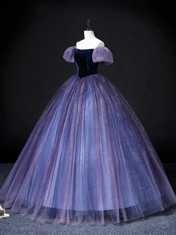 Lovely Velvet Tulle Long Prom Dress Purple Off the Shoulder Evening Party Gown