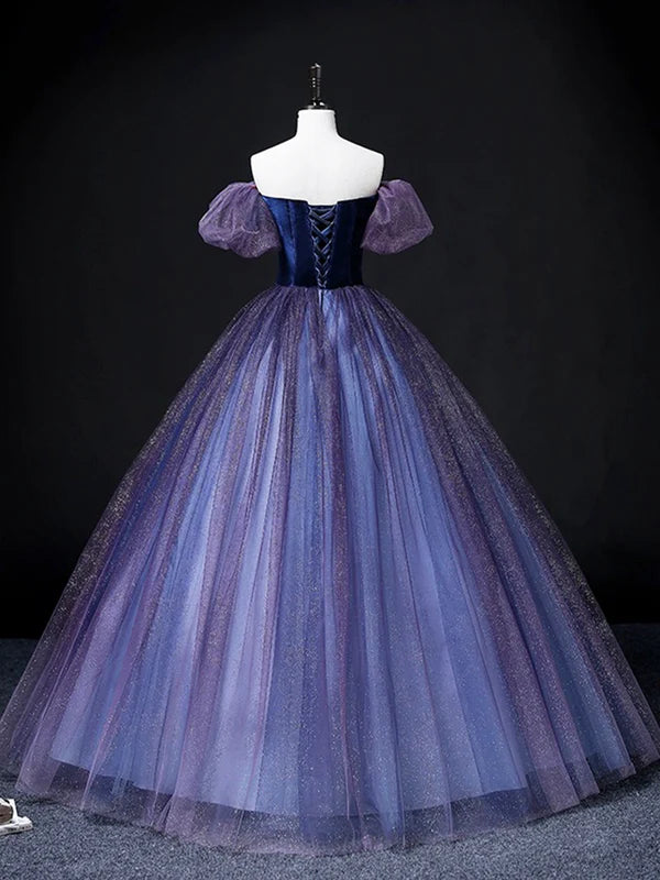 Lovely Velvet Tulle Long Prom Dress Purple Off the Shoulder Evening Party Gown