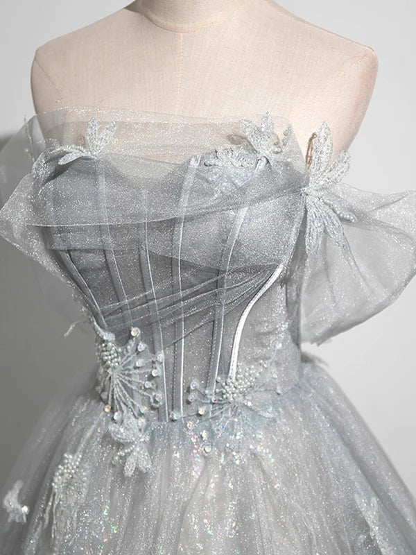 Gray A-Line Off the Shoulder Tulle Prom Dress Lovely Corset Floor Length Party Dress