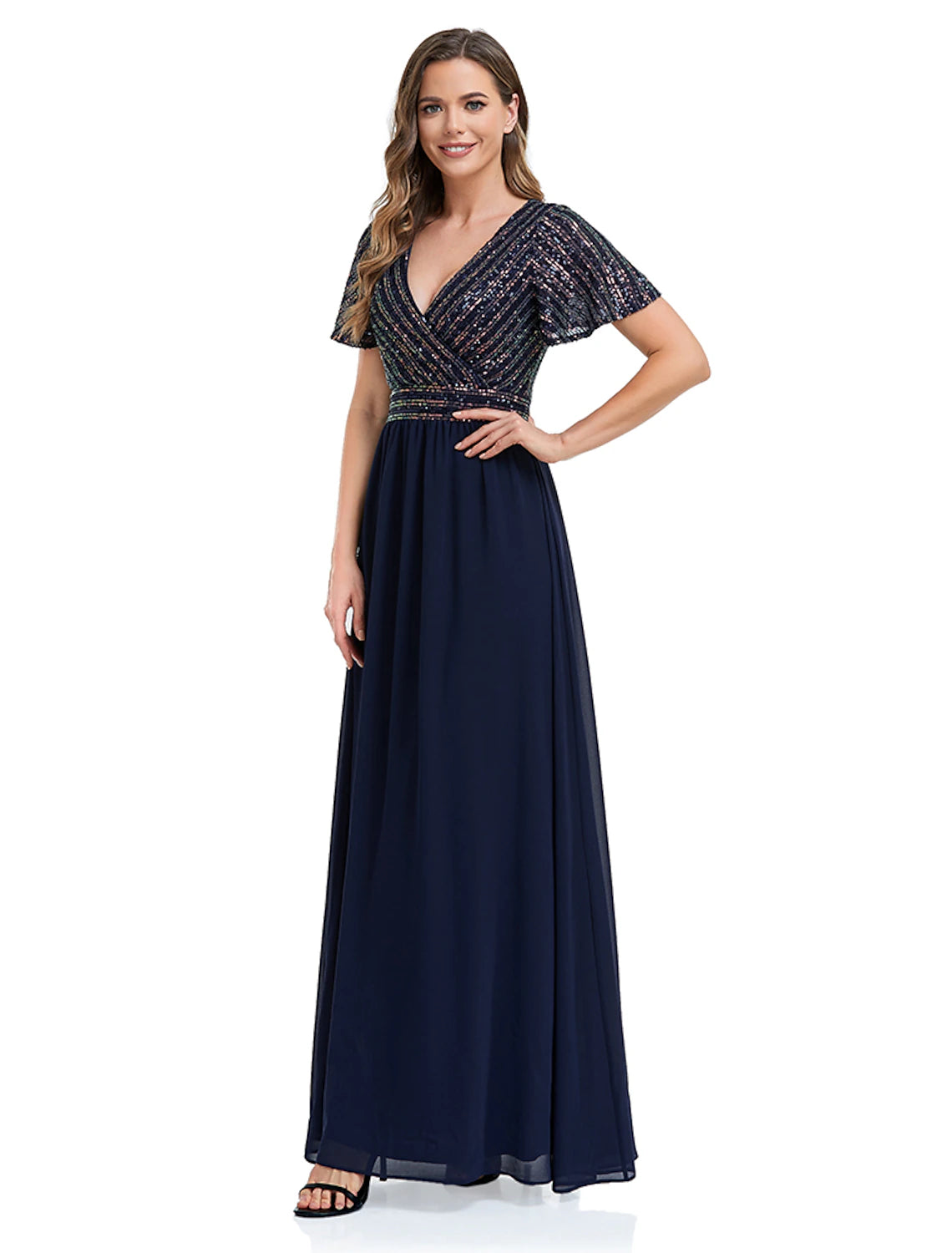 A-Line Mermaid Party Dress Evening Gown Sparkle & Shine Dress Christmas Wedding Guest Floor Length Short Sleeve V Neck Sequined with Sequin