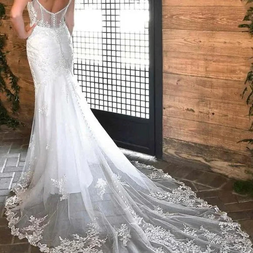 Buyishang White Mermaid Long Bridal Dress with Appliques
